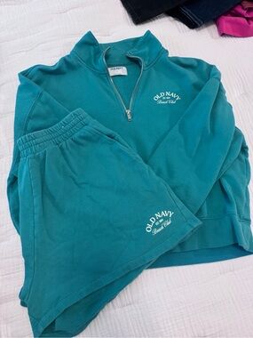 Old Navy Teal Half-Zip Sweatshirt and Shorts Set